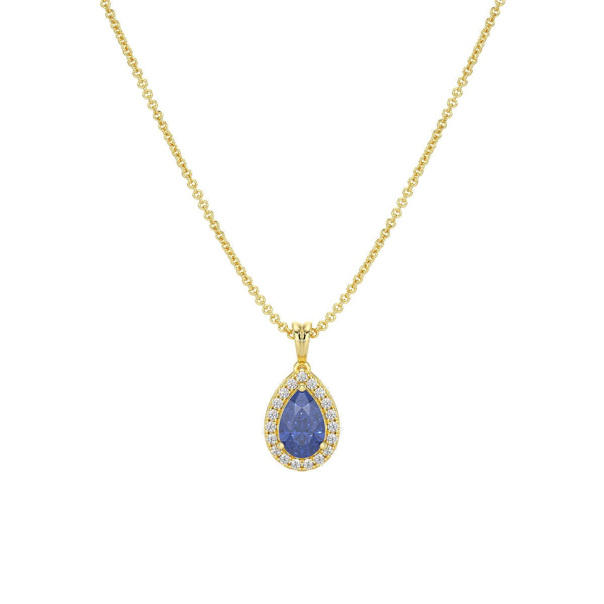 Pear Blue Sapphire Halo Pendant in yellow gold