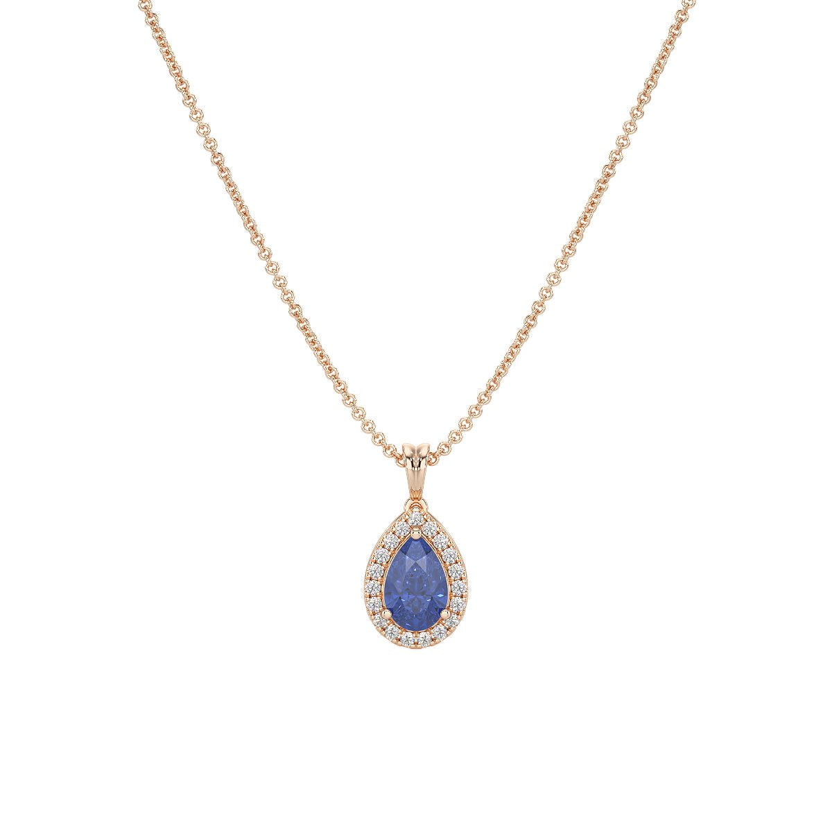 Pear Blue Sapphire Halo Pendant in rose gold