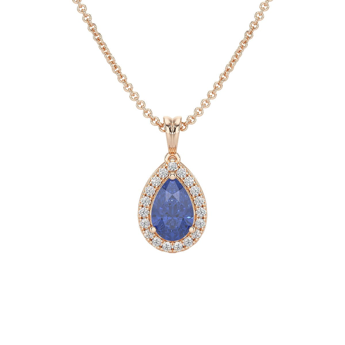 Pear Blue Sapphire Halo Pendant in rose gold
