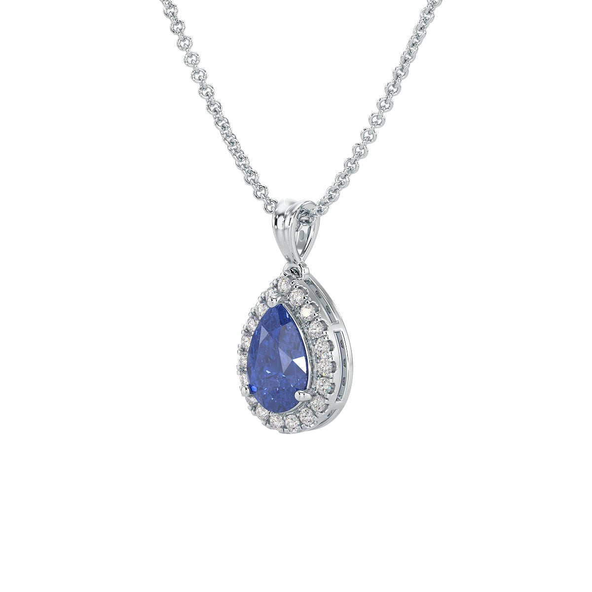 Pear Blue Sapphire Halo Pendant in white gold or platinum