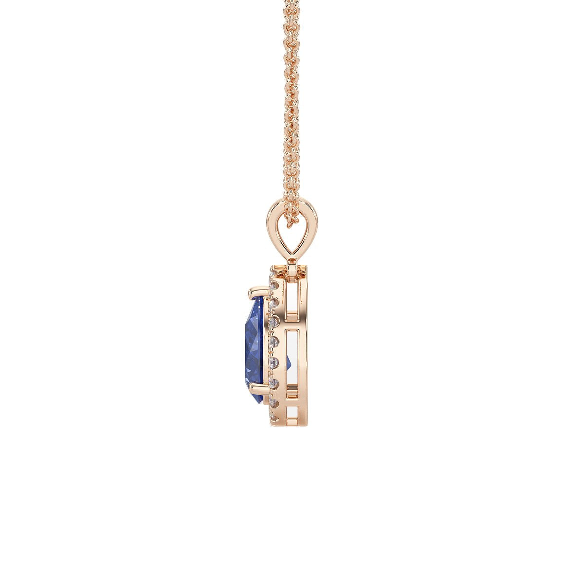 Pear Blue Sapphire Halo Pendant in rose gold