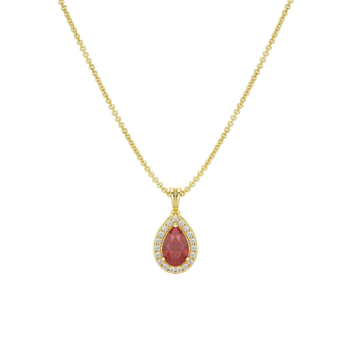Pear Ruby Halo Pendant in yellow gold