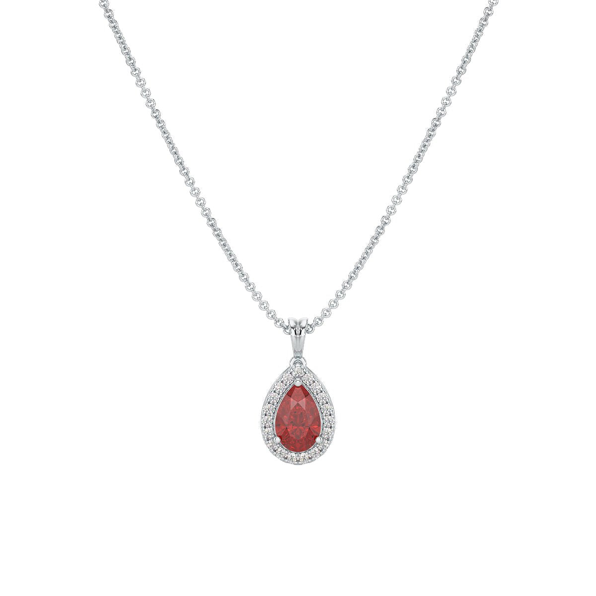 Pear Ruby Halo Pendant in white gold or platinum