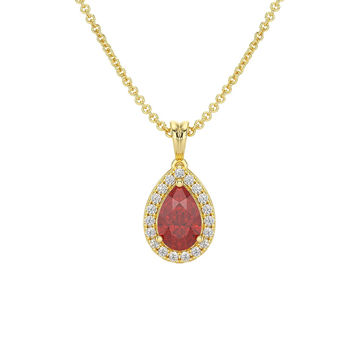 Pear Ruby Halo Pendant in yellow gold