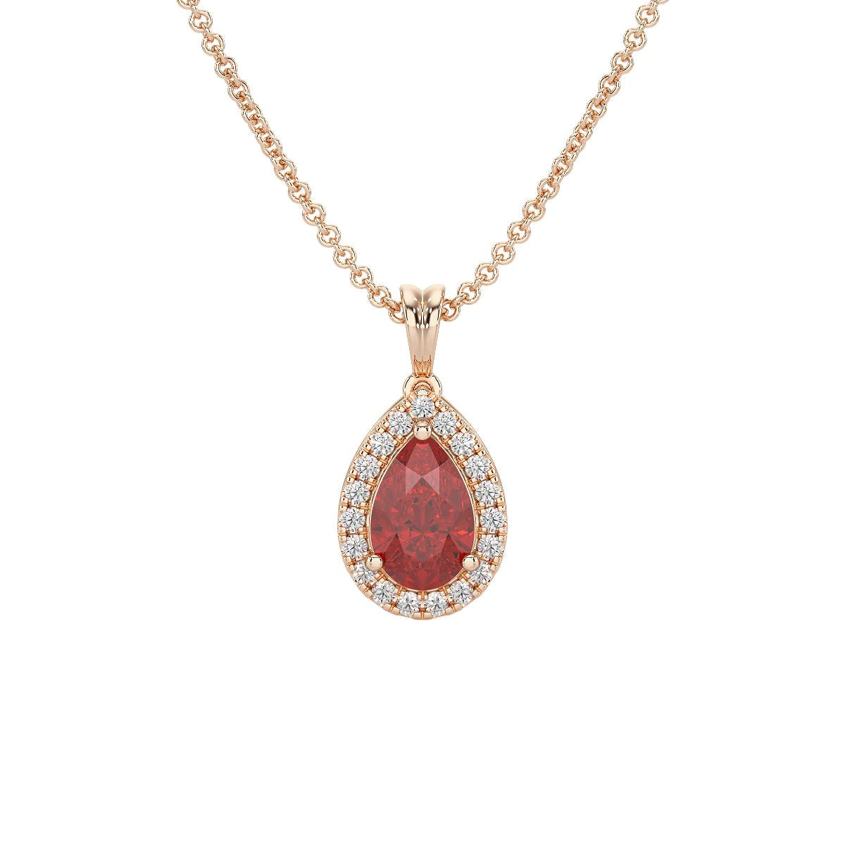 Pear Ruby Halo Pendant in rose gold