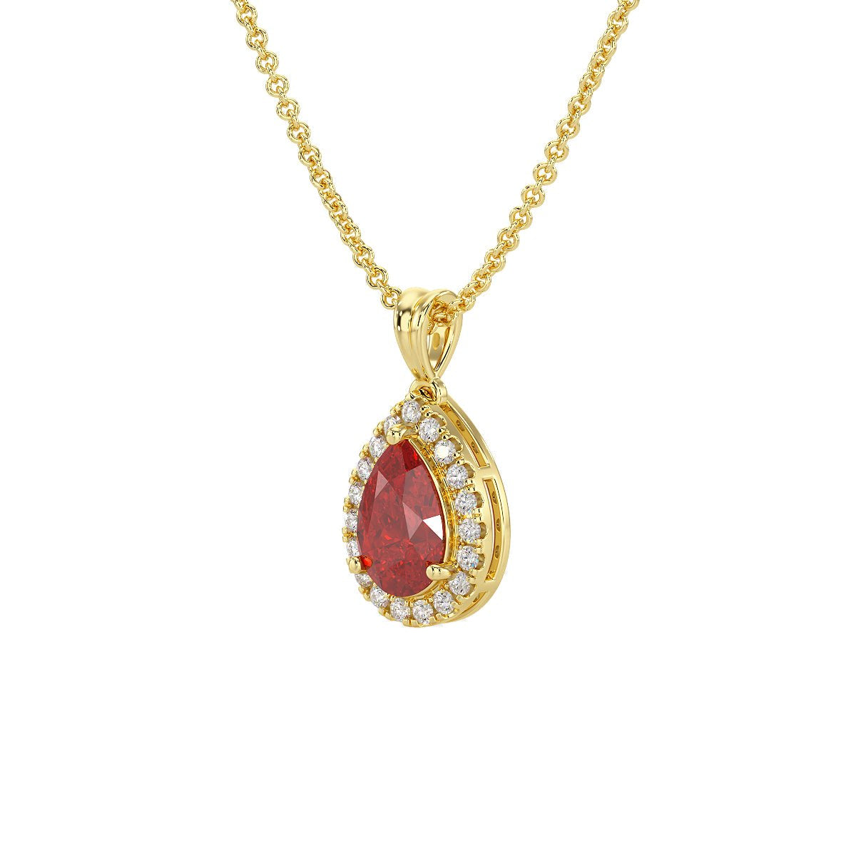 Pear Ruby Halo Pendant in yellow gold