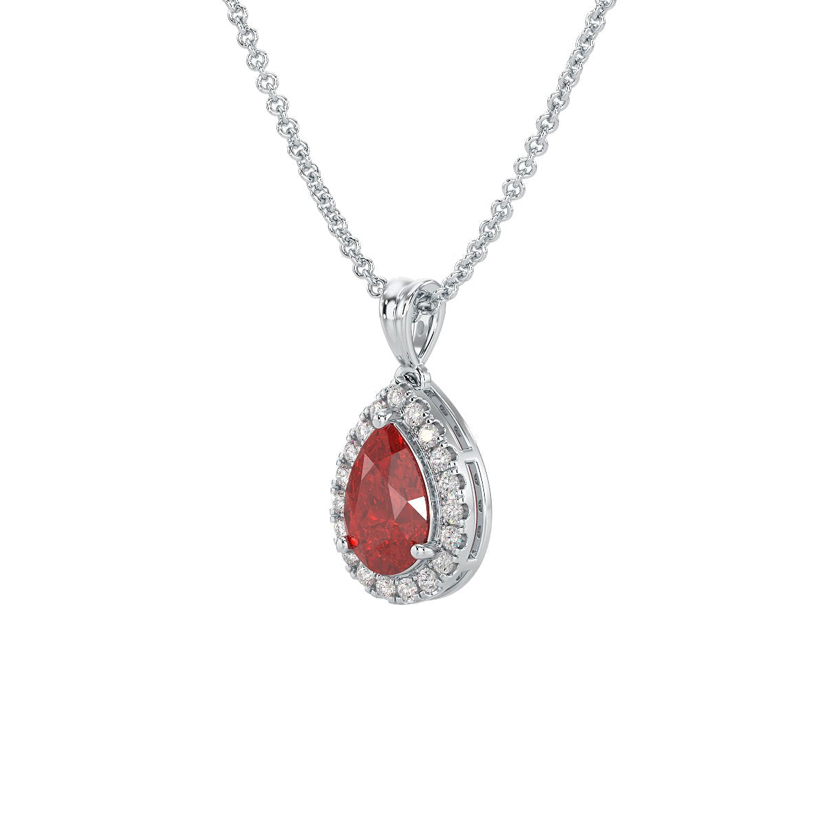 Pear Ruby Halo Pendant in white gold or platinum