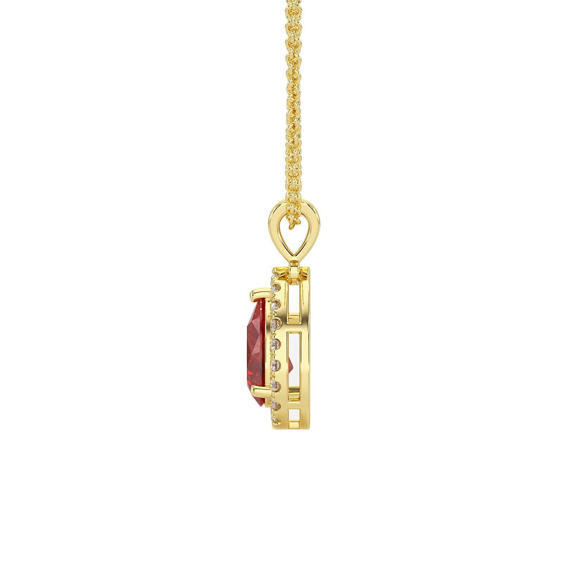 Pear Ruby Halo Pendant in yellow gold
