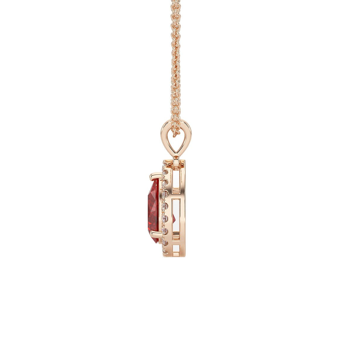 Pear Ruby Halo Pendant in rose gold