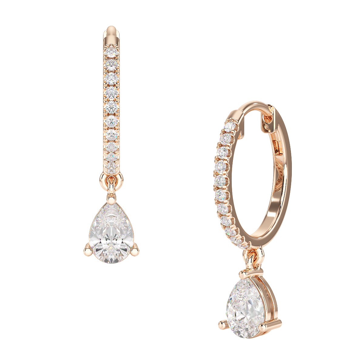 A pair of pear drop hoop earrings with a sleek hoop and a pear-shaped stone, suspended from the bottom.