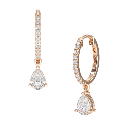 A pair of pear drop hoop earrings with a sleek hoop and a pear-shaped stone, suspended from the bottom.
