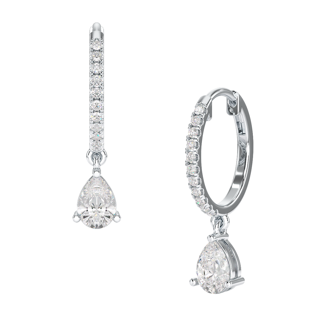 A pair of pear drop hoop earrings with a sleek hoop and a pear-shaped stone, suspended from the bottom.