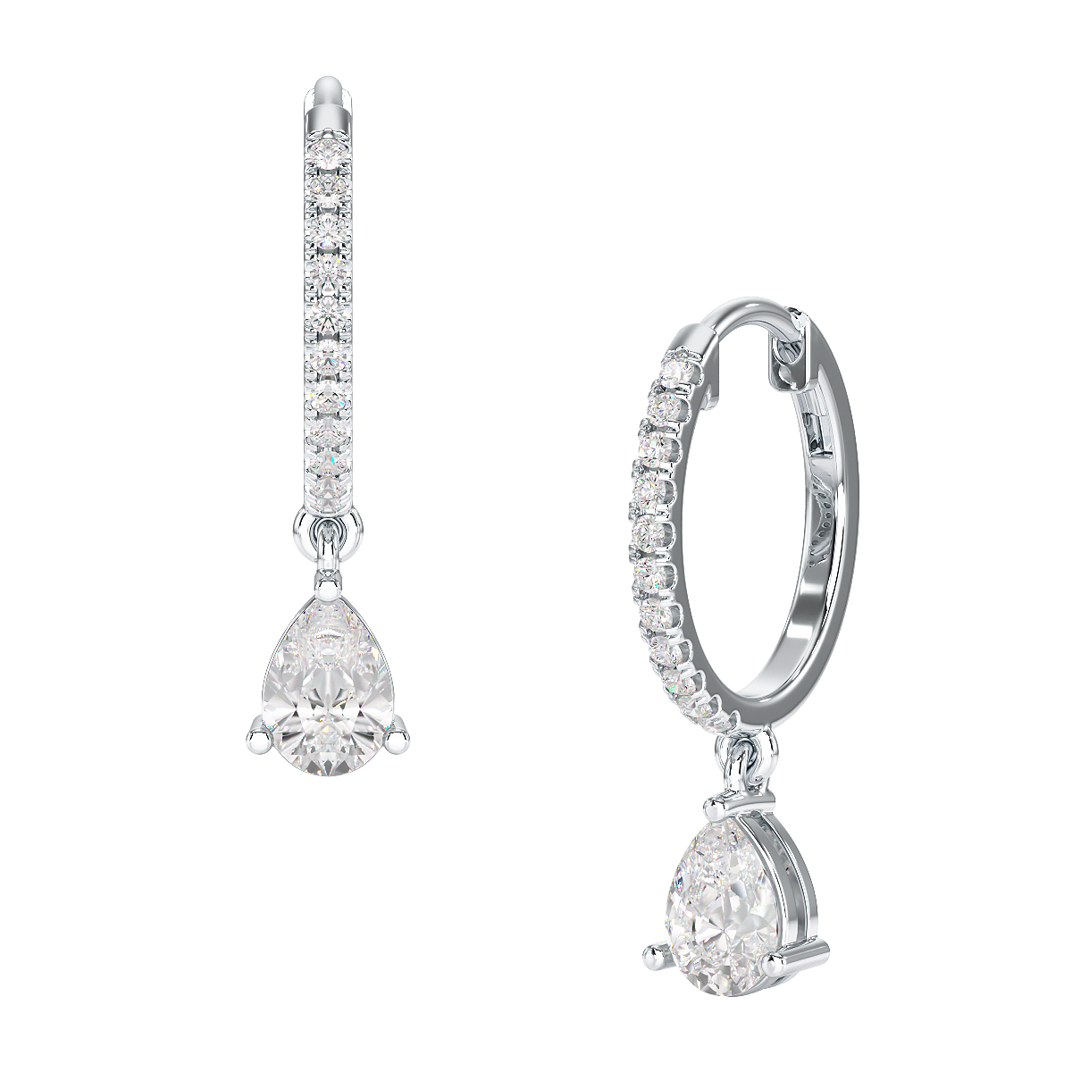 A pair of pear drop hoop earrings with a sleek hoop and a pear-shaped stone, suspended from the bottom.