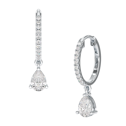 A pair of pear drop hoop earrings with a sleek hoop and a pear-shaped stone, suspended from the bottom.