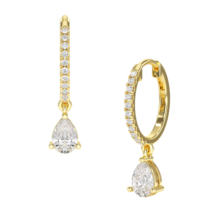 A pair of pear drop hoop earrings with a sleek hoop and a pear-shaped stone, suspended from the bottom.