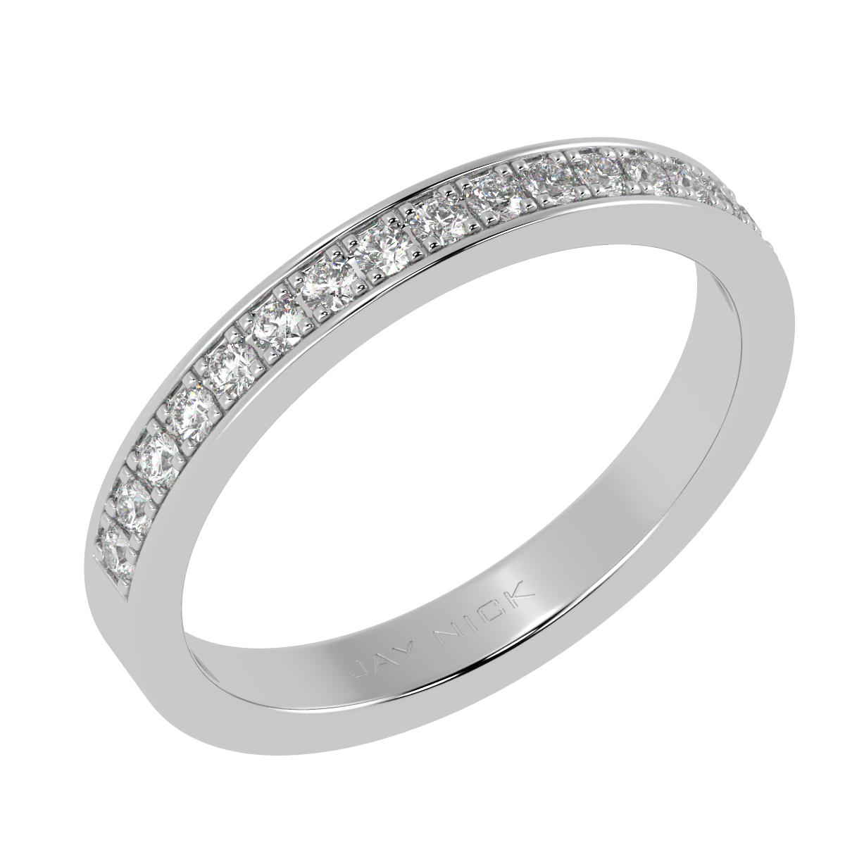 Pave Set Half Eternity Ring in white gold or platinum, perspective view