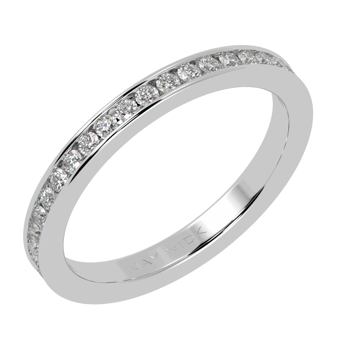 Channel Set Full Eternity Ring in white gold or platinum, perspective view