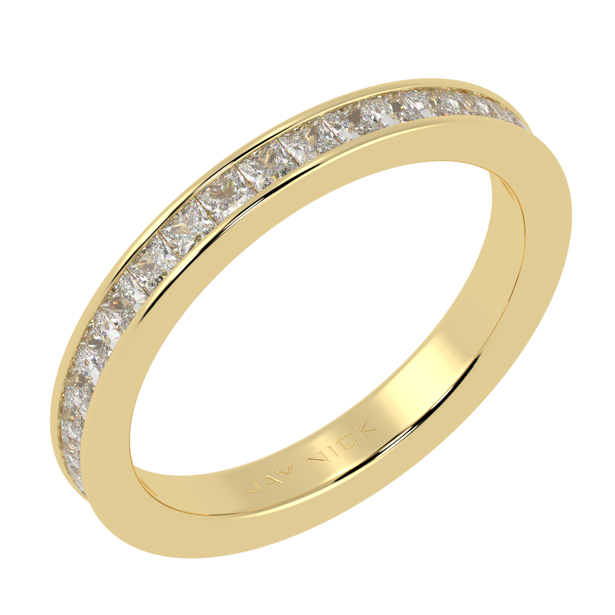 Princess Cut Full Eternity Ring in yellow gold, perspective view