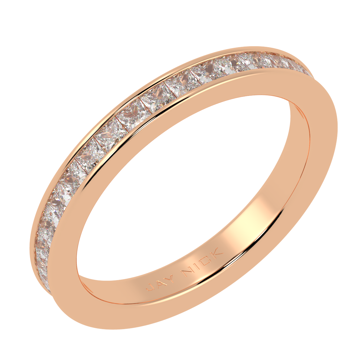 Princess Cut Full Eternity Ring in rose gold, perspective view