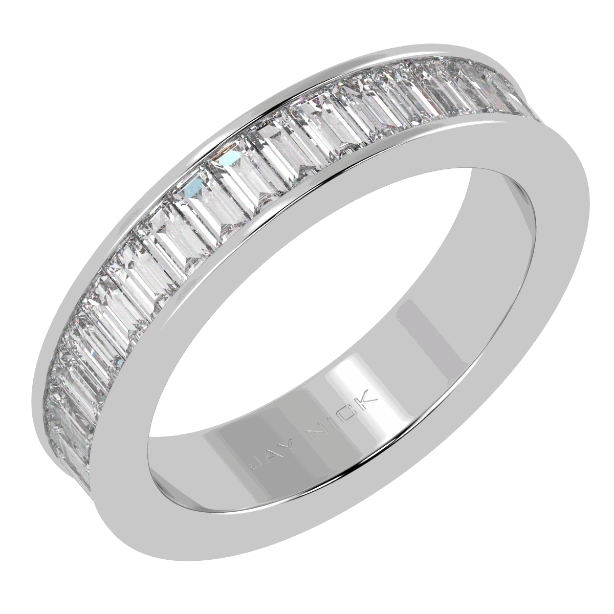 Baguette Cut Full Eternity Ring in white gold or platinum, perspective view
