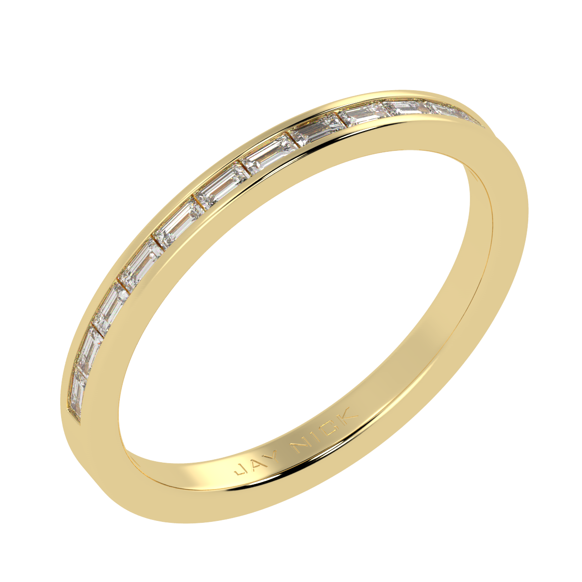 Petite Baguette Cut Half Eternity Ring in yellow gold, perspective view