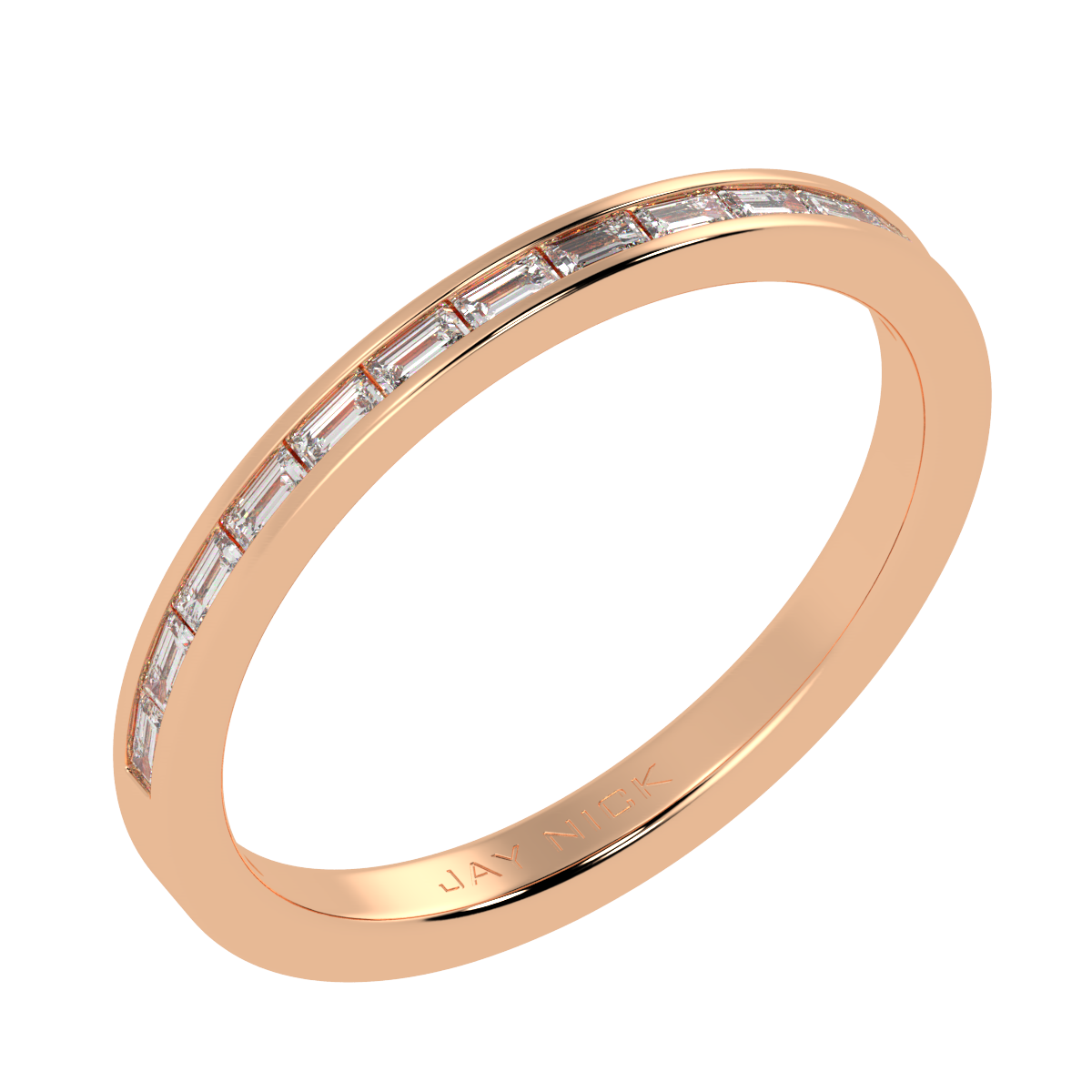 Petite Baguette Cut Half Eternity Ring in rose gold, perspective view