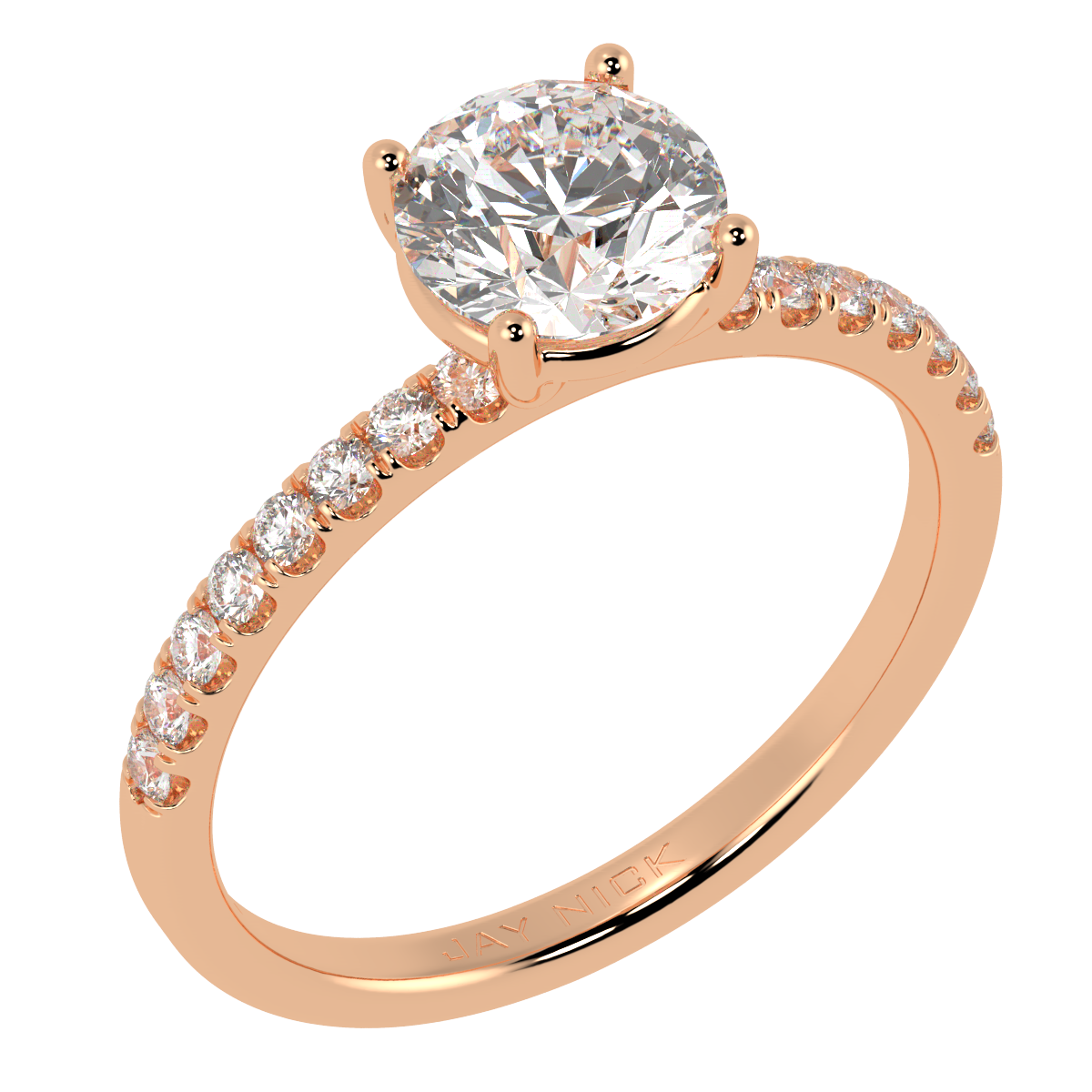 Modern Round Cut Diamond Shoulder Ring in rose gold, perspective view