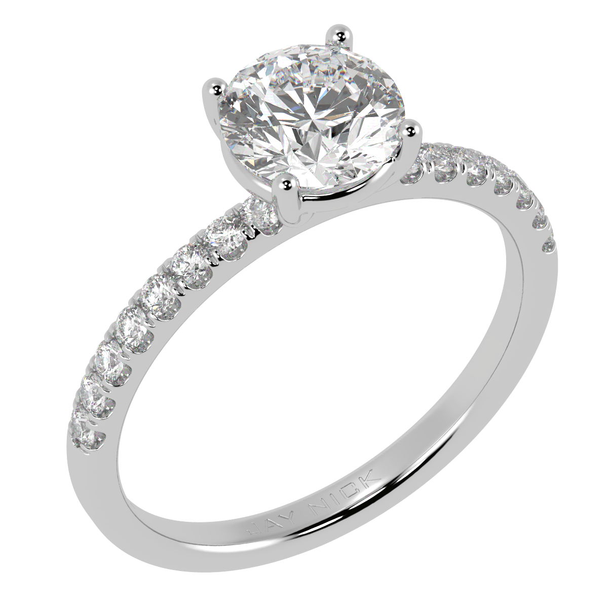 Modern Round Cut Diamond Shoulder Ring in white gold or platinum, perspective view