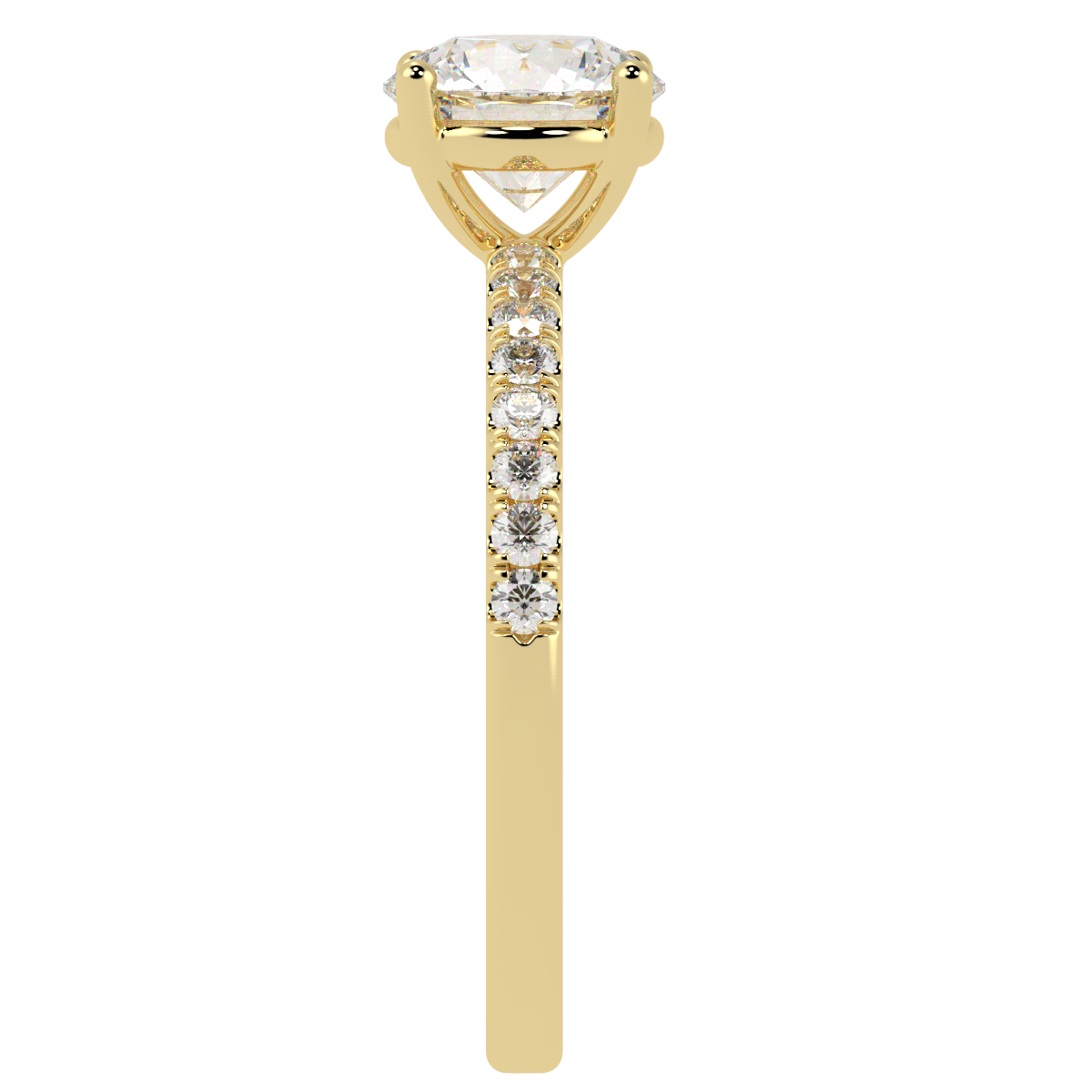 Modern Round Cut Diamond Shoulder Ring in yellow gold, side view