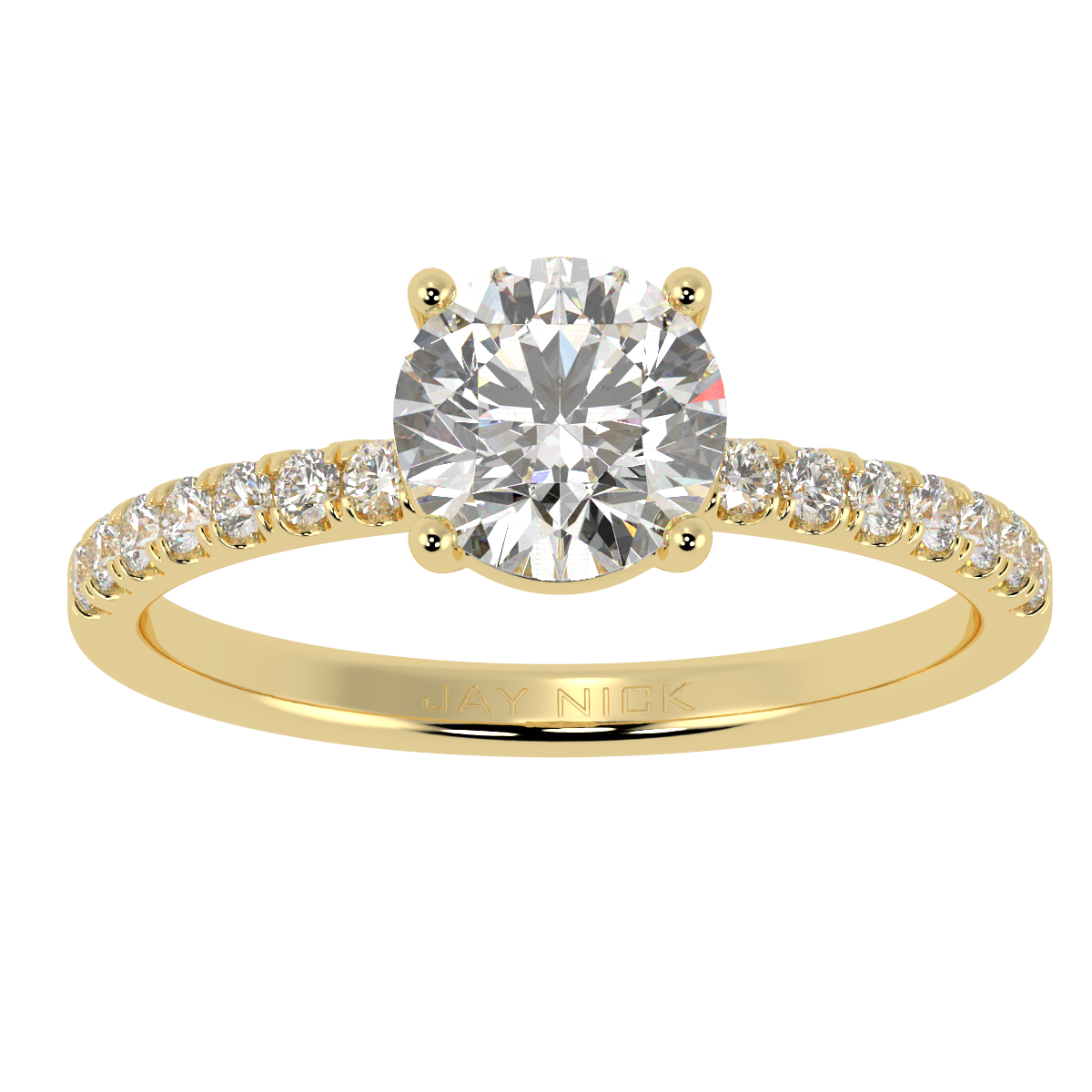 Modern Round Cut Diamond Shoulder Ring in yellow gold, top view