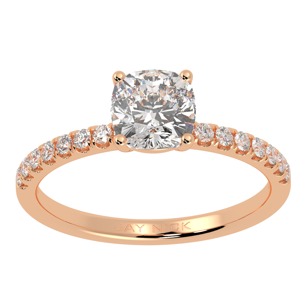 Modern Cushion Cut Diamond Shoulder Ring in rose gold, top view