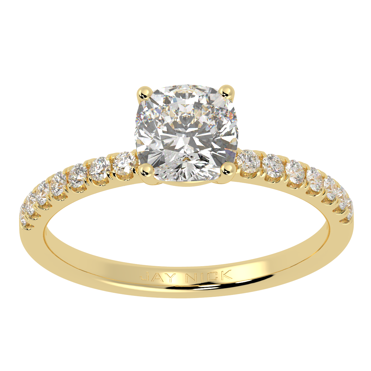 Modern Cushion Cut Diamond Shoulder Ring in yellow gold, top view