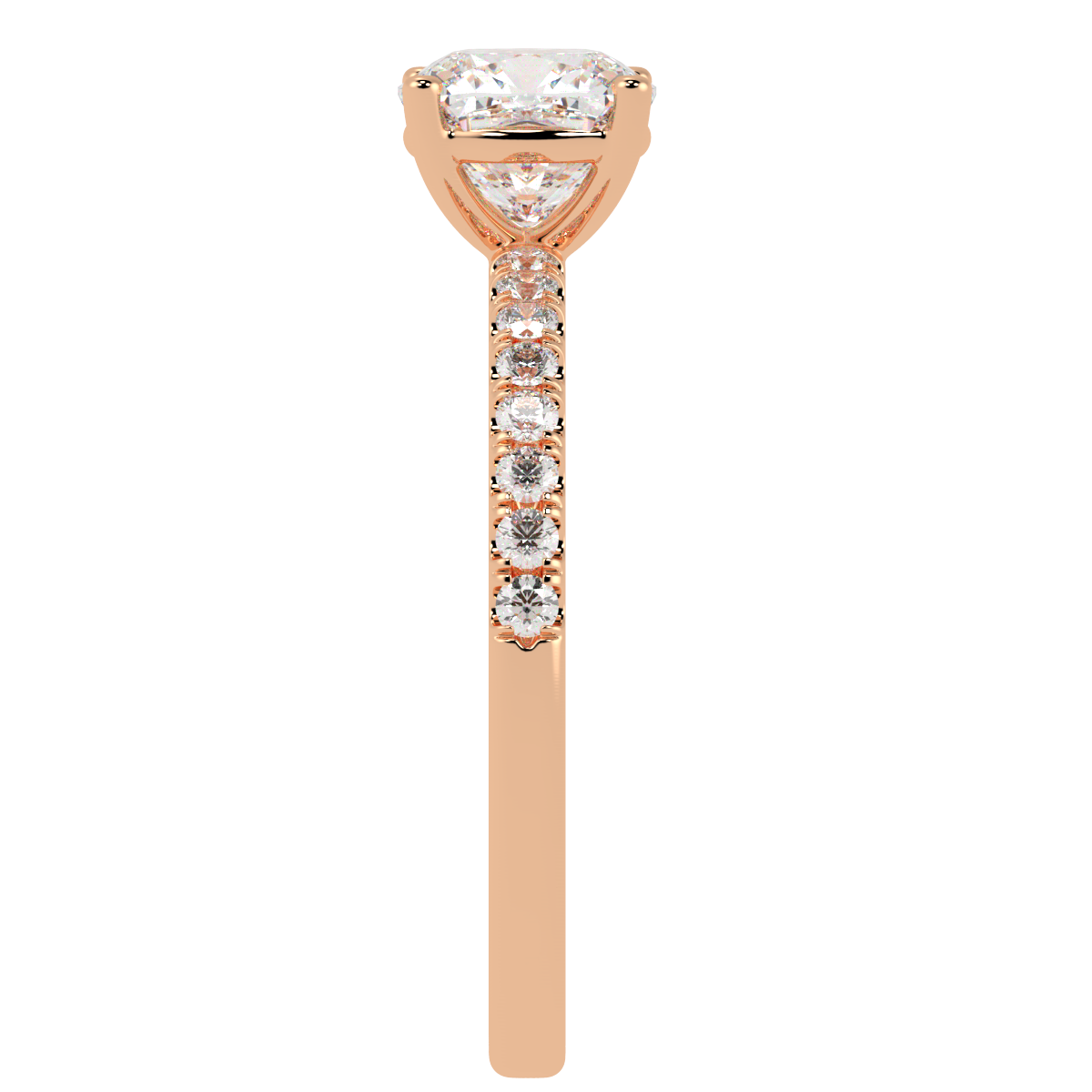 Modern Cushion Cut Diamond Shoulder Ring in rose gold, side view