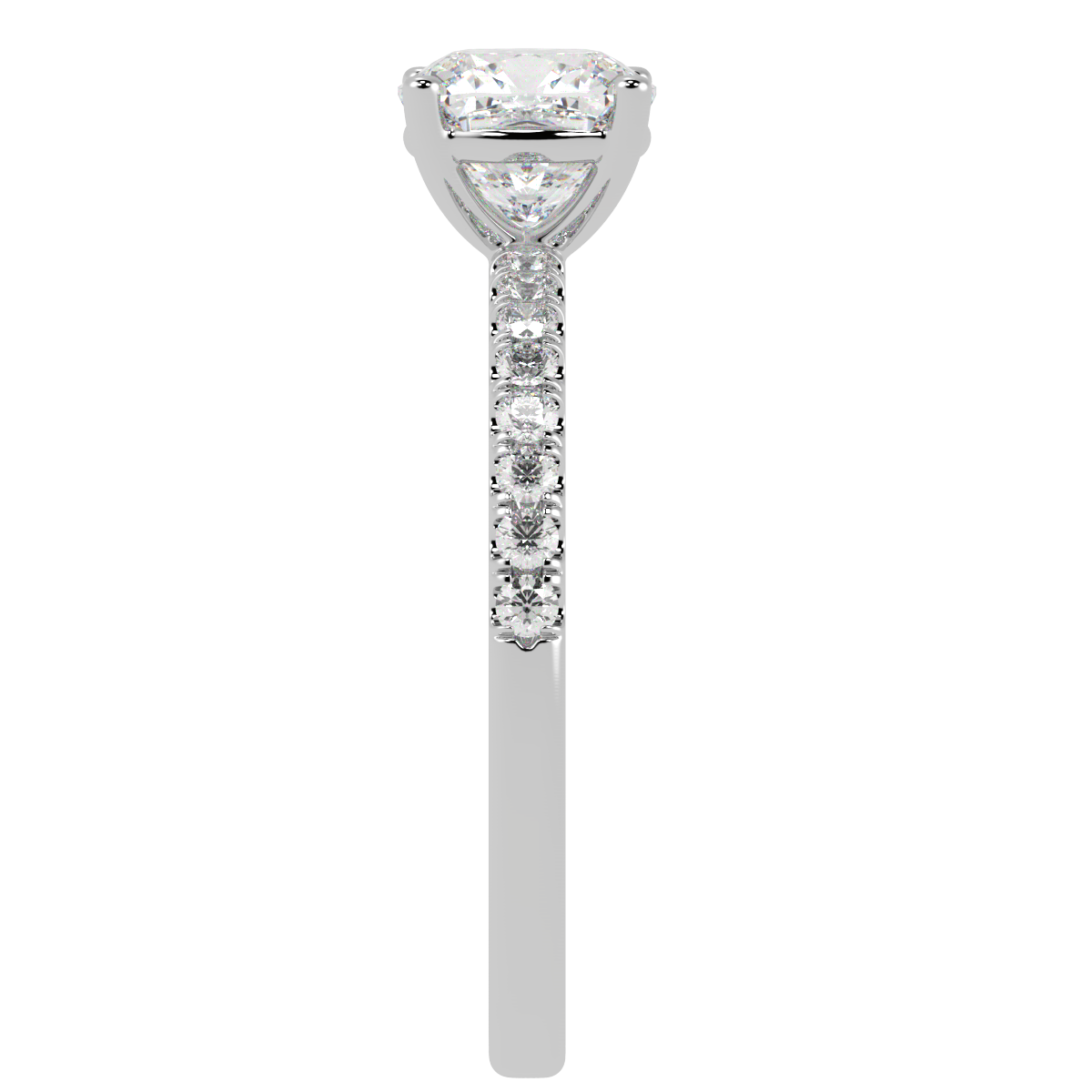 Modern Cushion Cut Diamond Shoulder Ring in white gold or platinum, side view