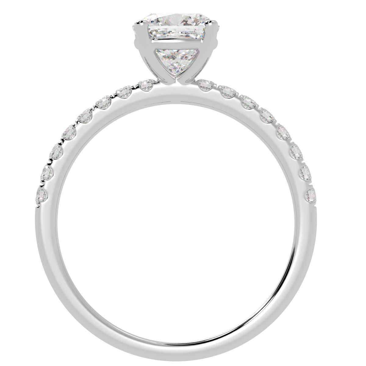 Modern Cushion Cut Diamond Shoulder Ring in white gold or platinum, flat view