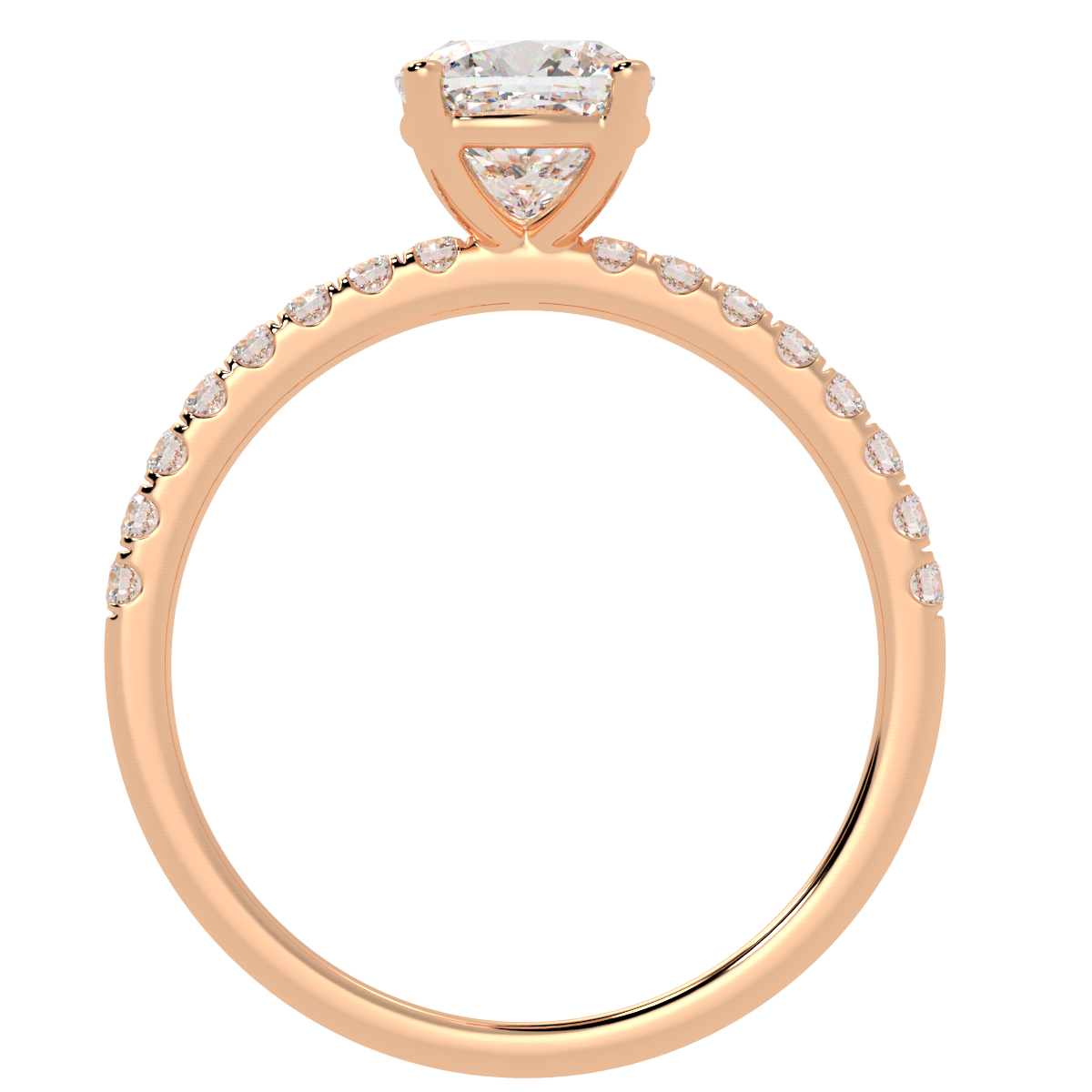 Modern Cushion Cut Diamond Shoulder Ring in rose gold, flat view