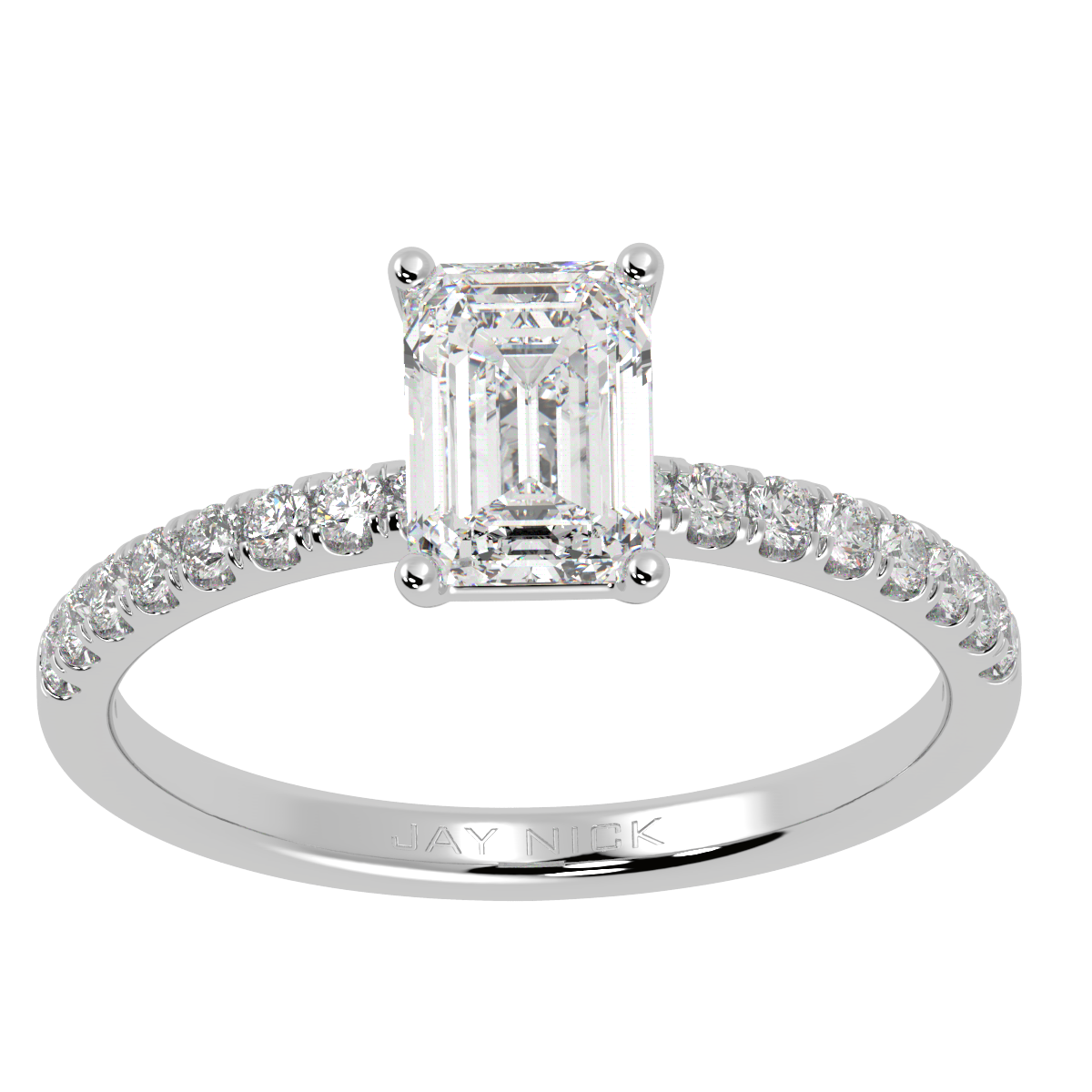 Modern Emerald Cut Diamond Shoulder Ring in white gold or platinum, top view