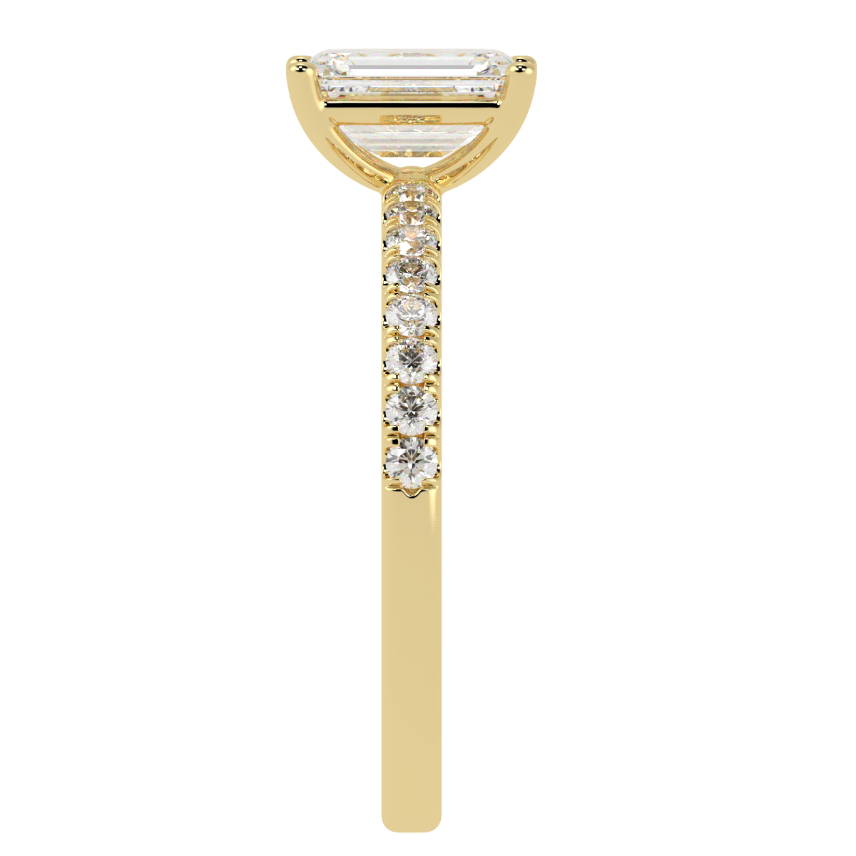 Modern Emerald Cut Diamond Shoulder Ring in yellow gold, side view