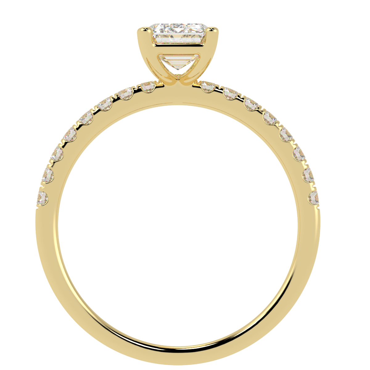 Modern Emerald Cut Diamond Shoulder Ring in yellow gold, flat view