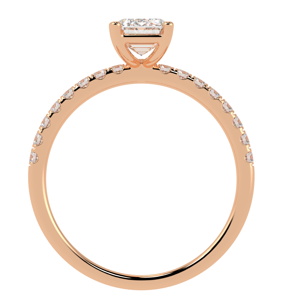 Modern Emerald Cut Diamond Shoulder Ring in rose gold, flat view