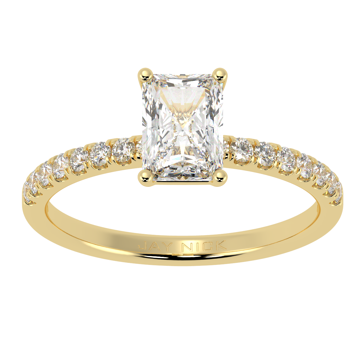Modern Radiant Cut Diamond Shoulder Ring in yellow gold, top view
