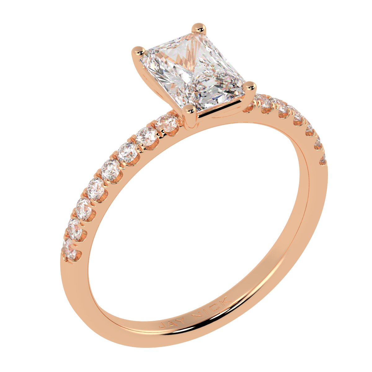 Modern Radiant Cut Diamond Shoulder Ring in rose gold, perspective view
