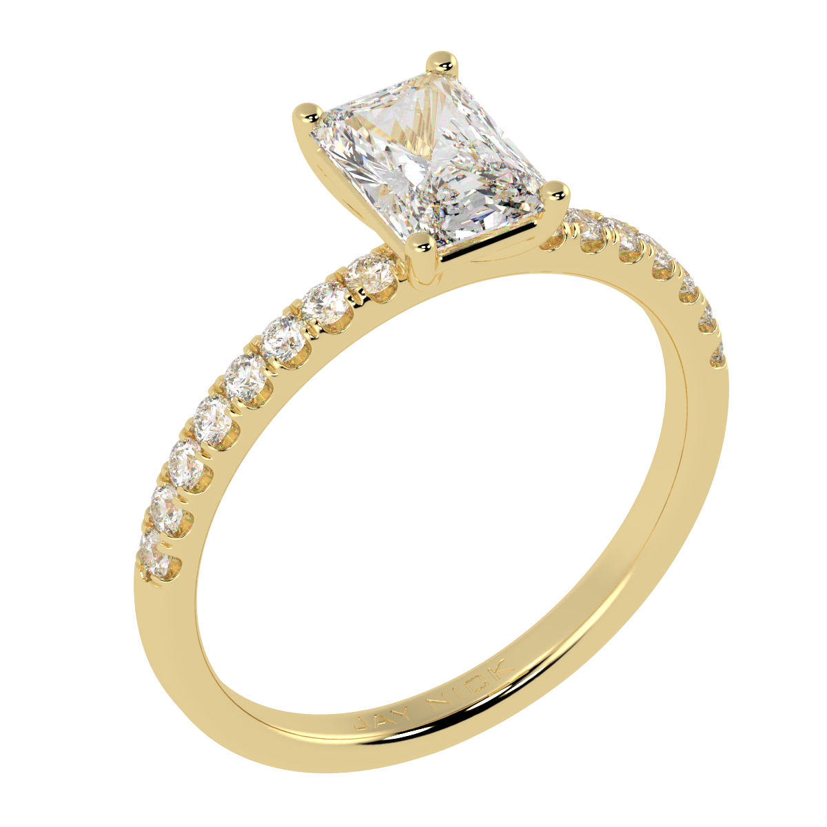 Modern Radiant Cut Diamond Shoulder Ring in yellow gold, perspective view