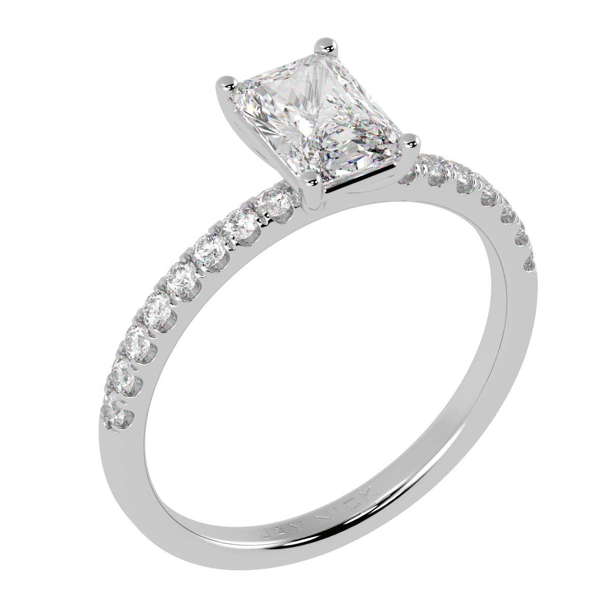 Modern Radiant Cut Diamond Shoulder Ring in white gold or platinum, perspective view