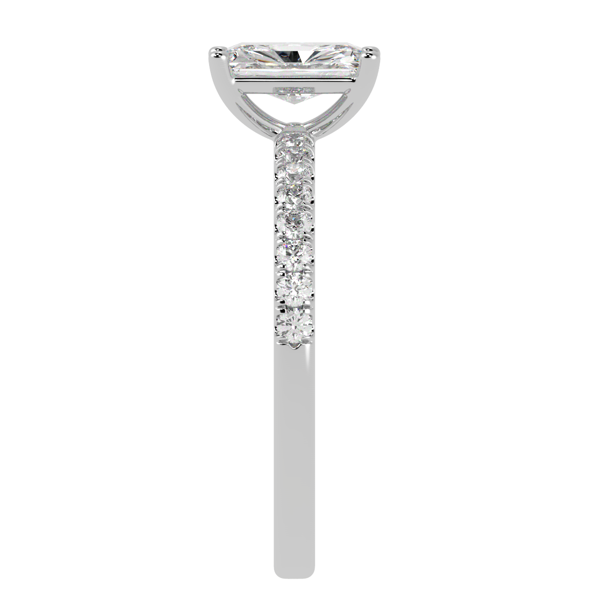 Modern Radiant Cut Diamond Shoulder Ring in white gold or platinum, side view