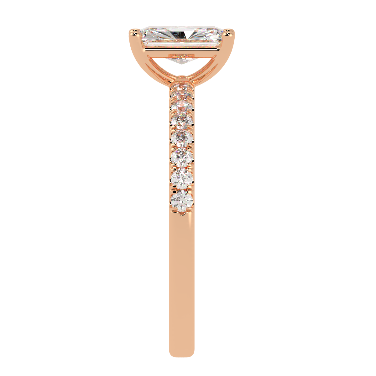 Modern Radiant Cut Diamond Shoulder Ring in rose gold, side view