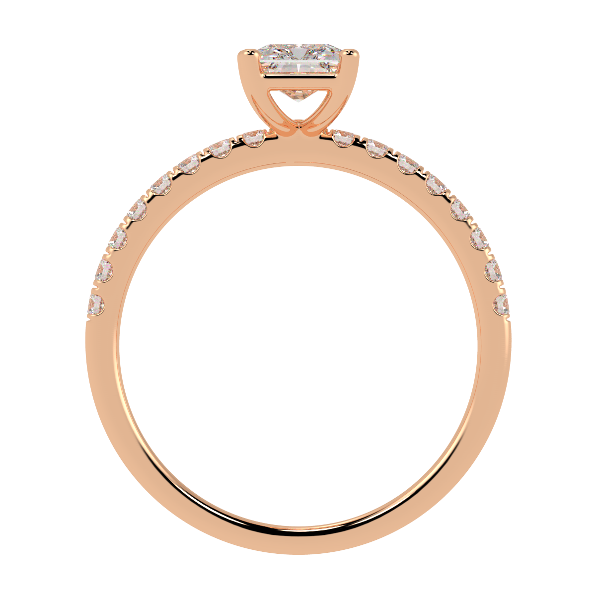 Modern Radiant Cut Diamond Shoulder Ring in rose gold, flat view