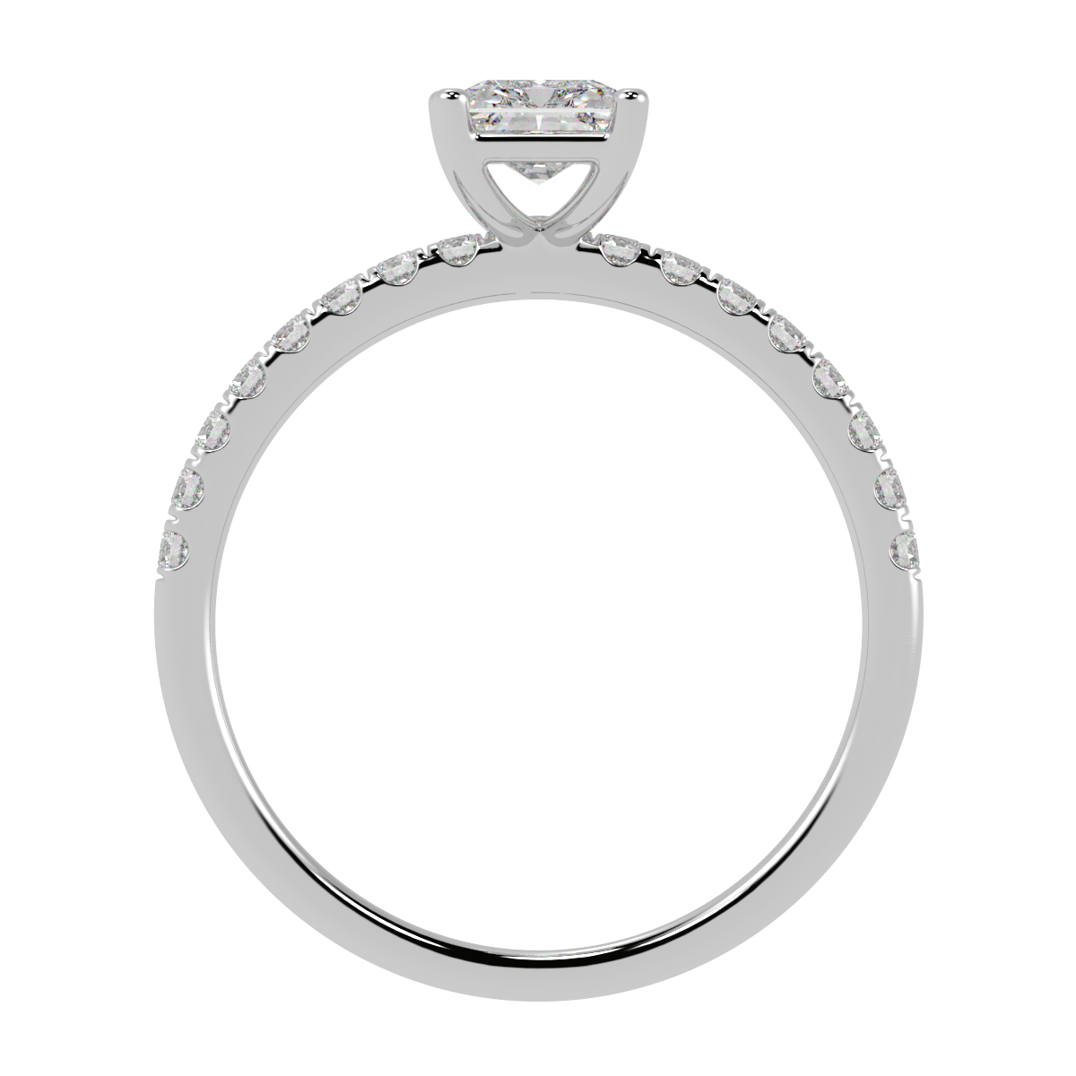 Modern Radiant Cut Diamond Shoulder Ring in white gold or platinum, flat view