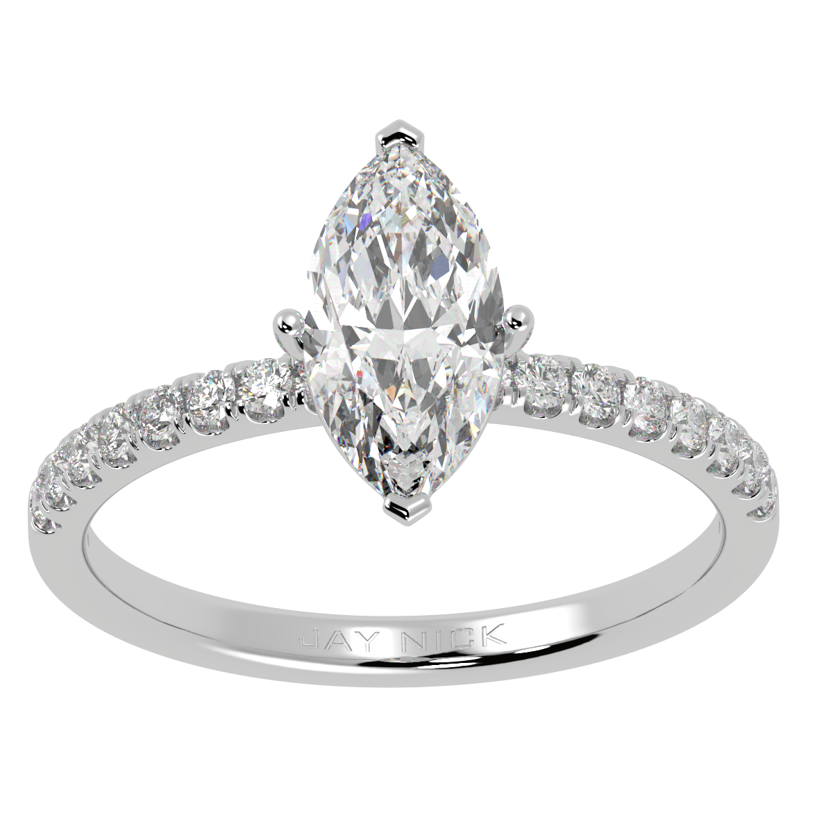 Modern Marquise Cut Diamond Shoulder Ring in white gold or platinum, top view