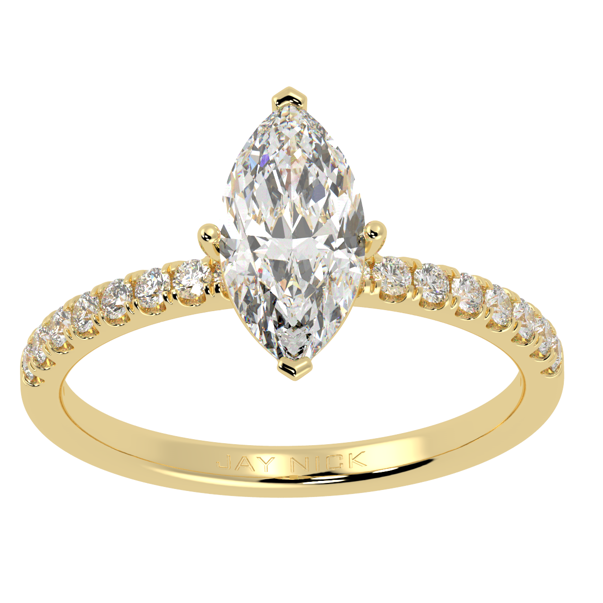 Modern Marquise Cut Diamond Shoulder Ring in yellow gold, top view